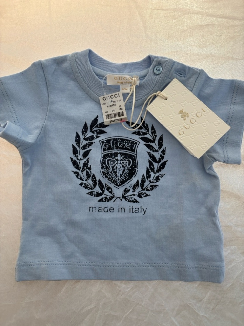 New Gucci Light Blue Kids Crest Logo Tee 0-3 Months